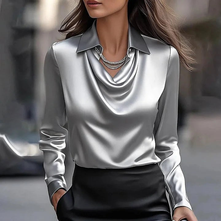 Lara | Women's V-Neck Shimmer Blouse, Elegant Shiny Blouse | Direct Attire | Gray