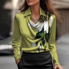 Lara | Women's V-Neck Shimmer Blouse, Elegant Shiny Blouse | Direct Attire | Green Floral Print