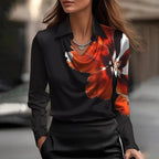 Lara | Women's V-Neck Shimmer Blouse, Elegant Shiny Blouse | Direct Attire | Black Floral Print