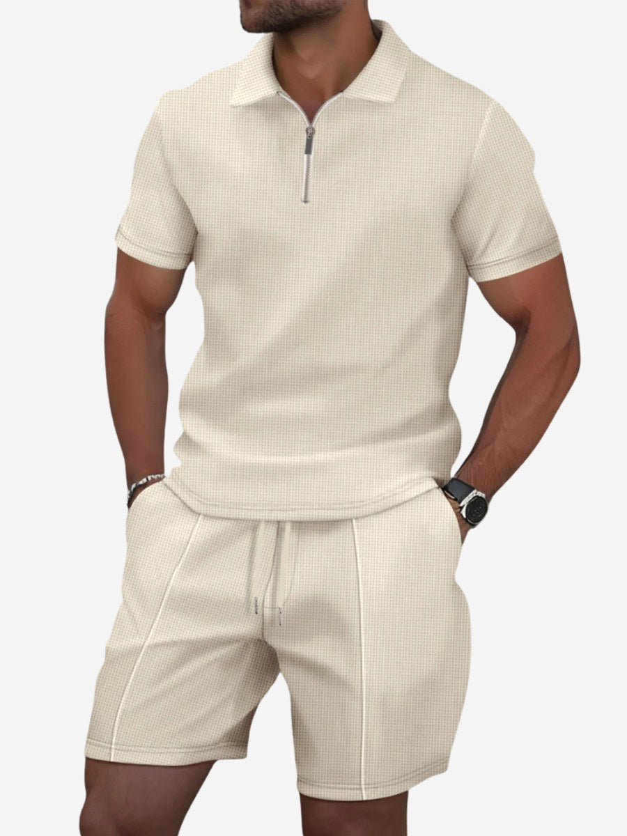 Lawson | Men's Cotton Zip-Neck Polo Shorts Set, Two-Piece Lounge Set | Direct Attire | Beige