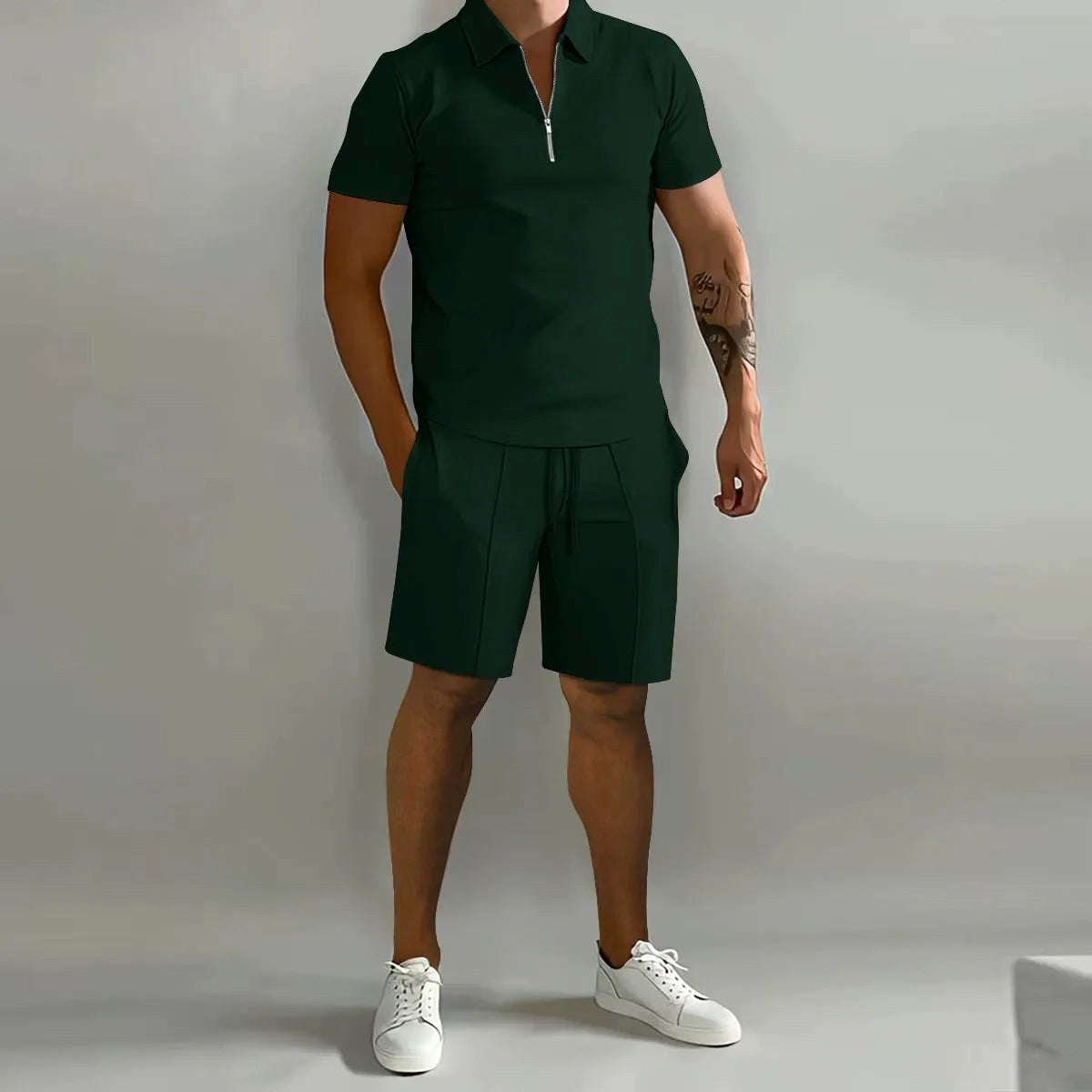Lawson | Men's Cotton Zip-Neck Polo Shorts Set, Two-Piece Lounge Set | Direct Attire