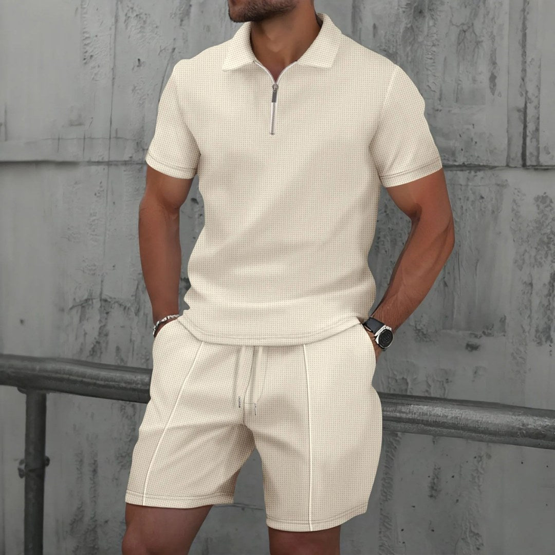 Lawson | Men's Cotton Zip-Neck Polo Shorts Set, Two-Piece Lounge Set | Direct Attire | Black