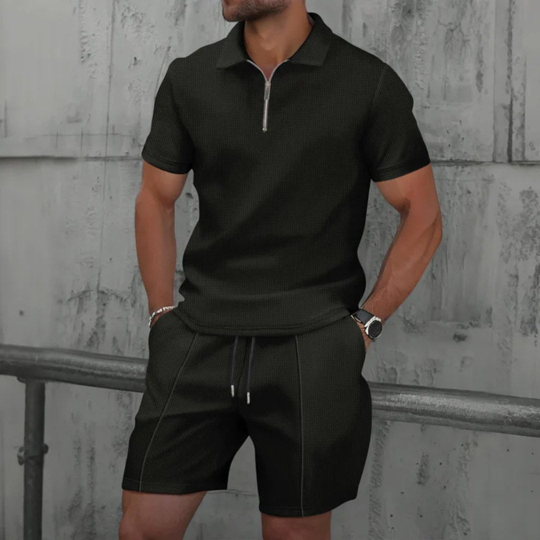Lawson | Men's Cotton Zip-Neck Polo Shorts Set, Two-Piece Lounge Set | Direct Attire | Navy Blue
