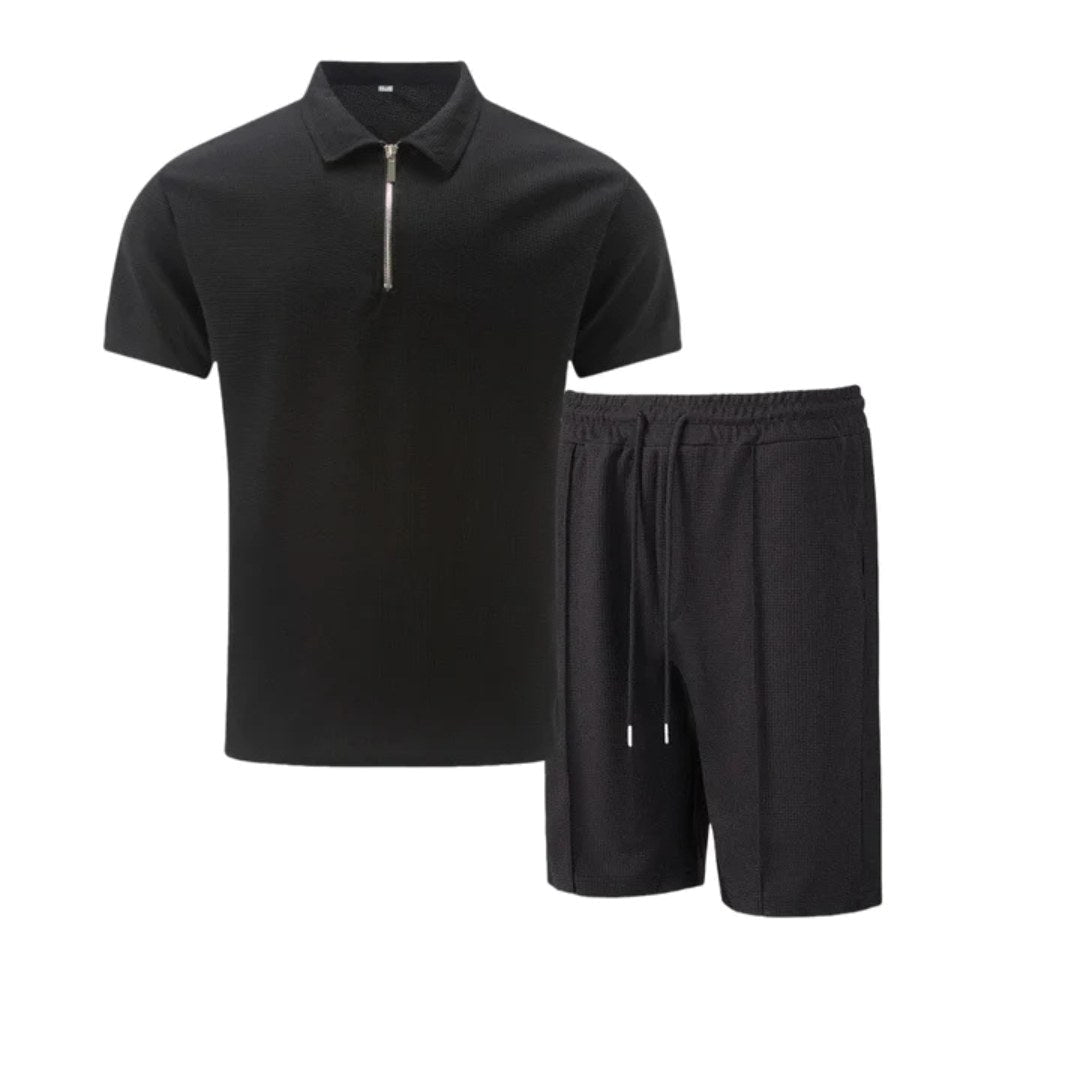Lawson | Men's Cotton Zip-Neck Polo Shorts Set, Two-Piece Lounge Set | Direct Attire | Dark Green