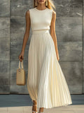 Lilliana | Women's Sleeveless Knit Pleated Maxi Dress, Chiffon Evening Dress | Direct Attire | Cream