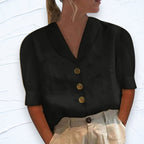 Lily | Women's Linen Top with V-Neckline, Cap Sleeve Blouse | Direct Attire | Black