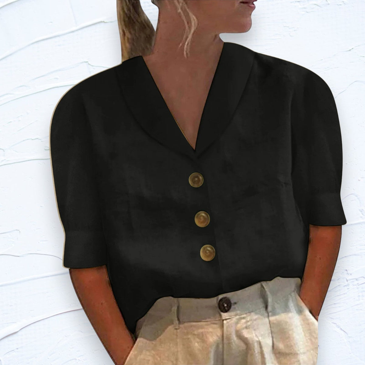 Lily | Women's Linen Top with V-Neckline, Cap Sleeve Blouse | Direct Attire | Black