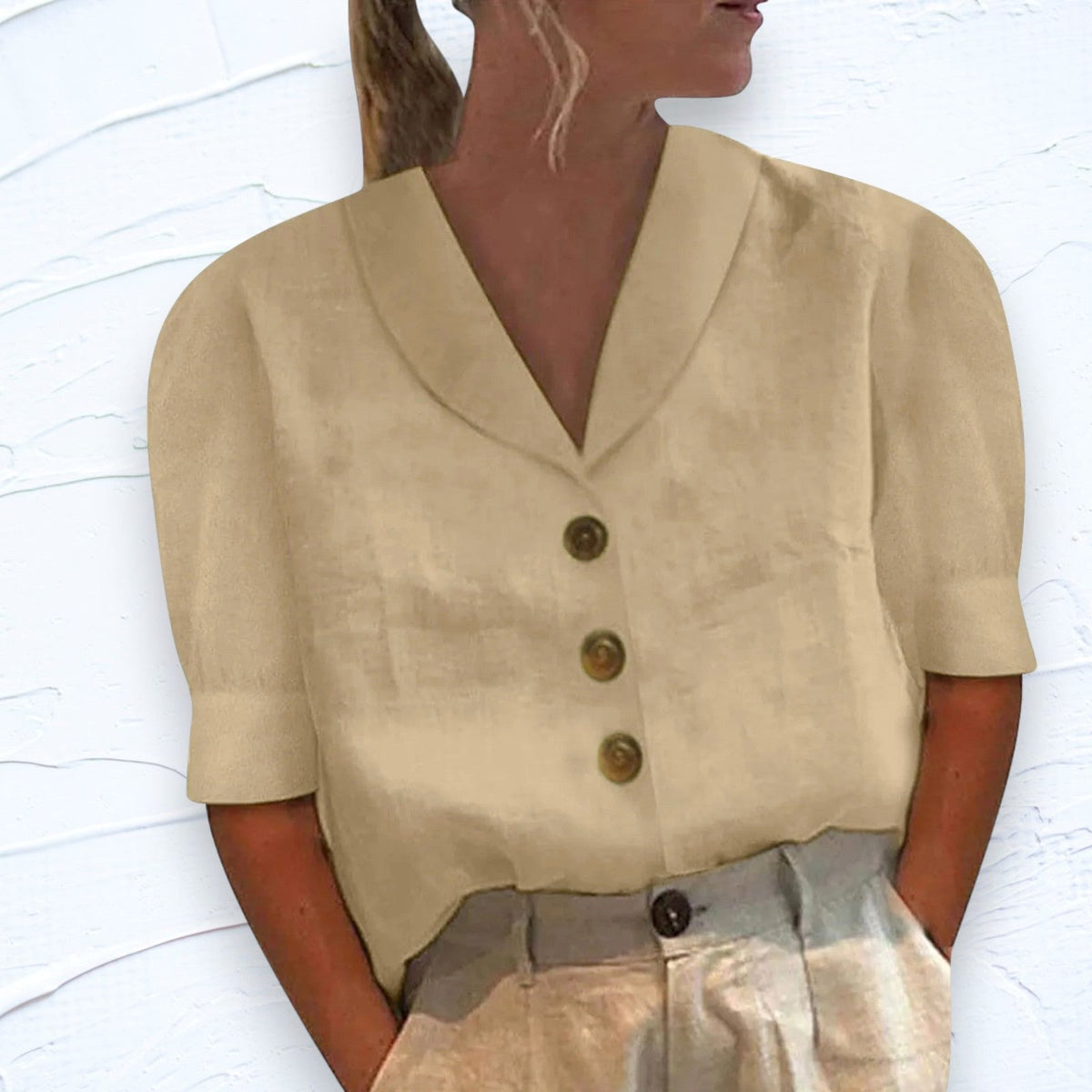 Lily | Women's Linen Top with V-Neckline, Cap Sleeve Blouse | Direct Attire | Beige
