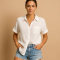 Madelyn | Women's Cotton Gauze Short Sleeve Shirt, Lightweight Summer Top for Holidays and Casual Wear, Lightweight Summer Top for Holidays and Casual Wear - White