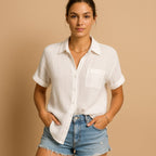 Madelyn | Women's Cotton Gauze Short Sleeve Shirt, Lightweight Summer Top for Holidays and Casual Wear, Lightweight Summer Top for Holidays and Casual Wear - White