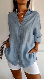 Madison | Women's Linen Button-Down Shirt, Lightweight Summer Top for Holidays and Casual Wear, Lightweight Summer Top for Holidays and Casual Wear - Dusty Blue