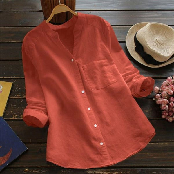 Mallory | Women's Linen V-Neck Shirt with Chest Pocket, Lightweight Summer Top for Holidays and Casual Wear, Lightweight Summer Top for Holidays and Casual Wear - Coral