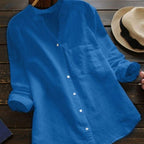 Mallory | Women's Linen V-Neck Shirt with Chest Pocket, Lightweight Summer Top for Holidays and Casual Wear, Lightweight Summer Top for Holidays and Casual Wear - Blue