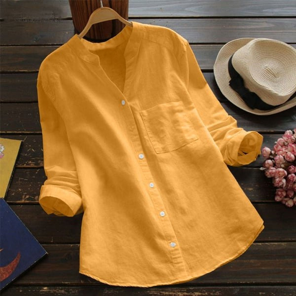 Mallory | Women's Linen V-Neck Shirt with Chest Pocket, Lightweight Summer Top for Holidays and Casual Wear, Lightweight Summer Top for Holidays and Casual Wear - Yellow
