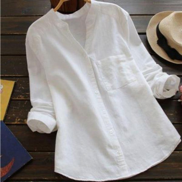 Mallory | Women's Linen V-Neck Shirt with Chest Pocket, Lightweight Summer Top for Holidays and Casual Wear, Lightweight Summer Top for Holidays and Casual Wear - White