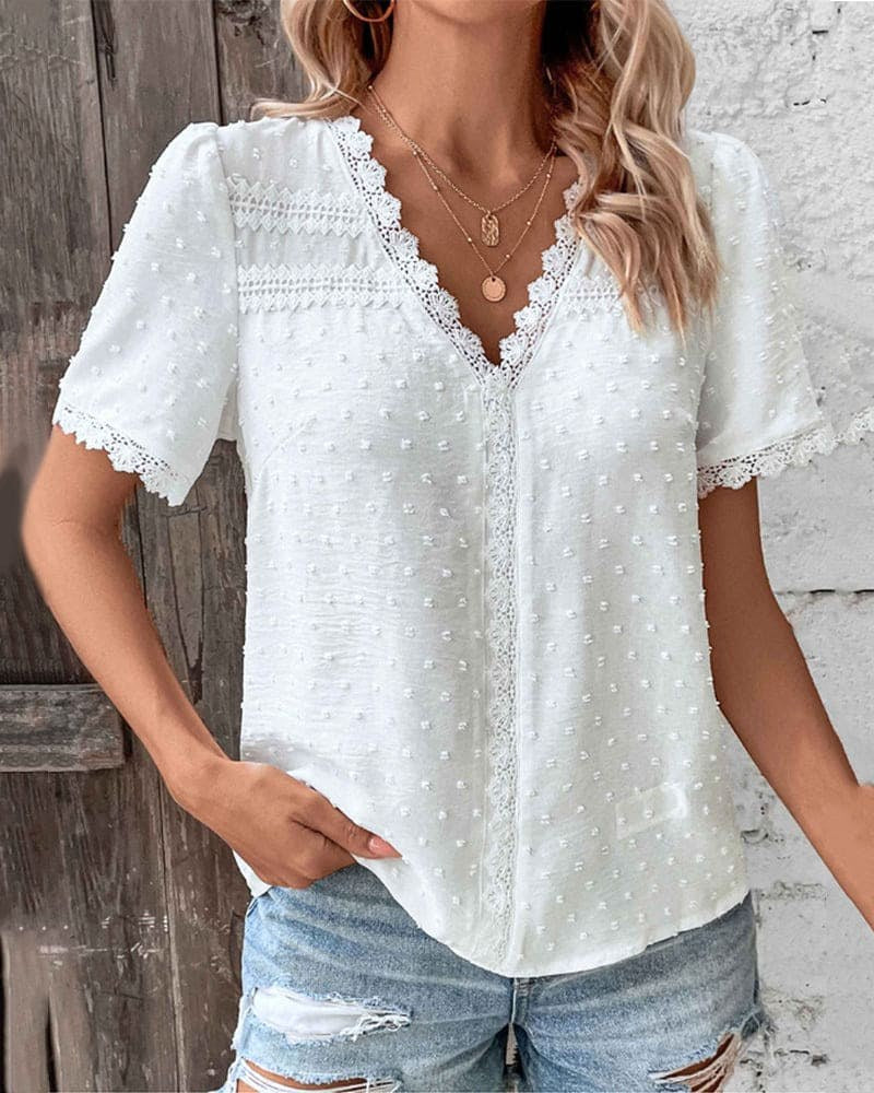 Mallory | Women's Swiss Dot V-Neck Boho Blouse, Lightweight Summer Top for Holidays and Casual Wear, Lightweight Summer Top for Holidays and Casual Wear - image 2