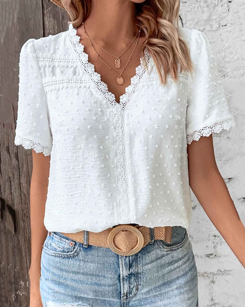 Mallory | Women's Swiss Dot V-Neck Boho Blouse, Lightweight Summer Top for Holidays and Casual Wear, Lightweight Summer Top for Holidays and Casual Wear - image 3