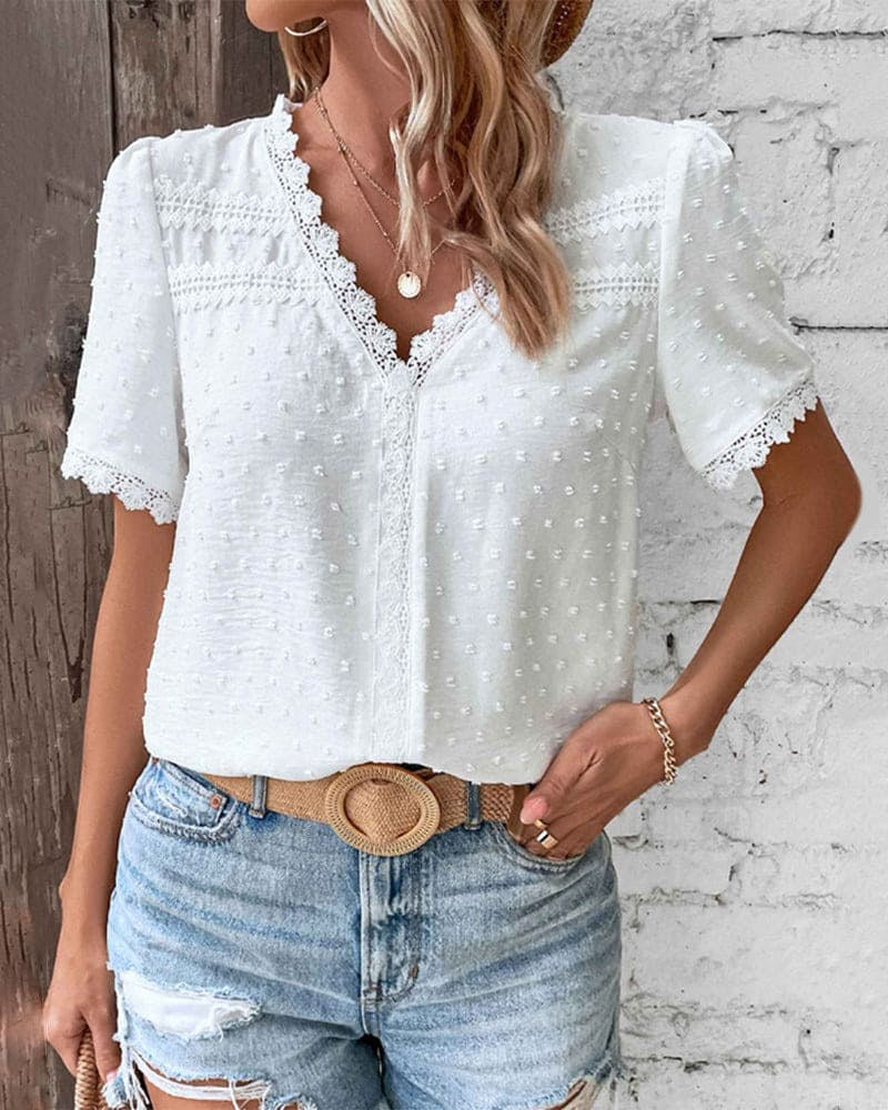 Mallory | Women's Swiss Dot V-Neck Boho Blouse, Lightweight Summer Top for Holidays and Casual Wear, Lightweight Summer Top for Holidays and Casual Wear - image 4