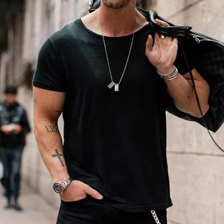 Marcus | Men's Round Neck Cotton T-Shirt, Short Sleeve Casual Tee | Direct Attire | Black