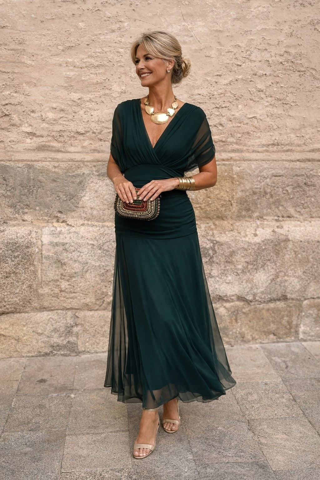 Marlee | Women's Chiffon Maxi Dress with V-Neckline, Wrap-Style Maxi Dress | Direct Attire | Dark Green