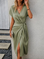 Matilda | Women's V-Neck Wrap Midi Dress, Short Sleeve Wrap Dress | Direct Attire