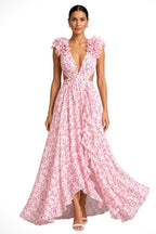 Melinda | Women's Floral Maxi Dress with V-Neck and Ruffled Shoulders, Wedding Guest Dress | Direct Attire | Pink