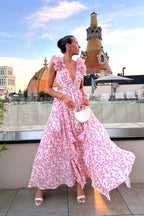 Melinda | Women's Floral Maxi Dress with V-Neck and Ruffled Shoulders, Wedding Guest Dress | Direct Attire | Orange