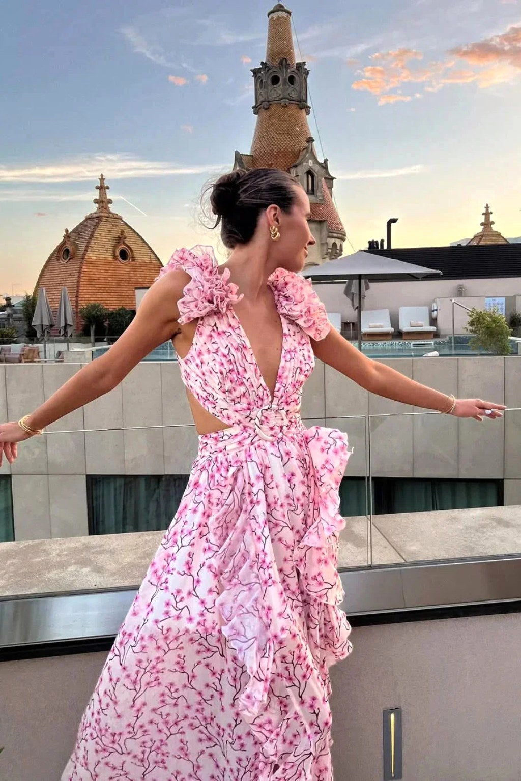 Melinda | Women's Floral Maxi Dress with V-Neck and Ruffled Shoulders, Wedding Guest Dress | Direct Attire
