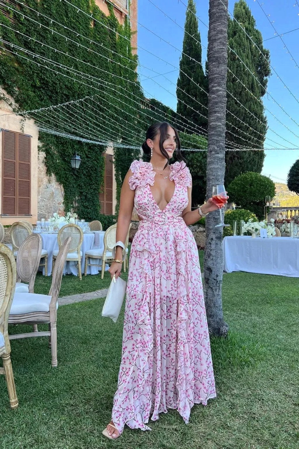 Melinda | Women's Floral Maxi Dress with V-Neck and Ruffled Shoulders, Wedding Guest Dress | Direct Attire