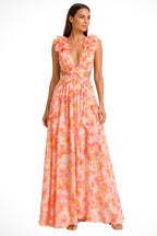 Melinda | Women's Floral Maxi Dress with V-Neck and Ruffled Shoulders, Wedding Guest Dress | Direct Attire
