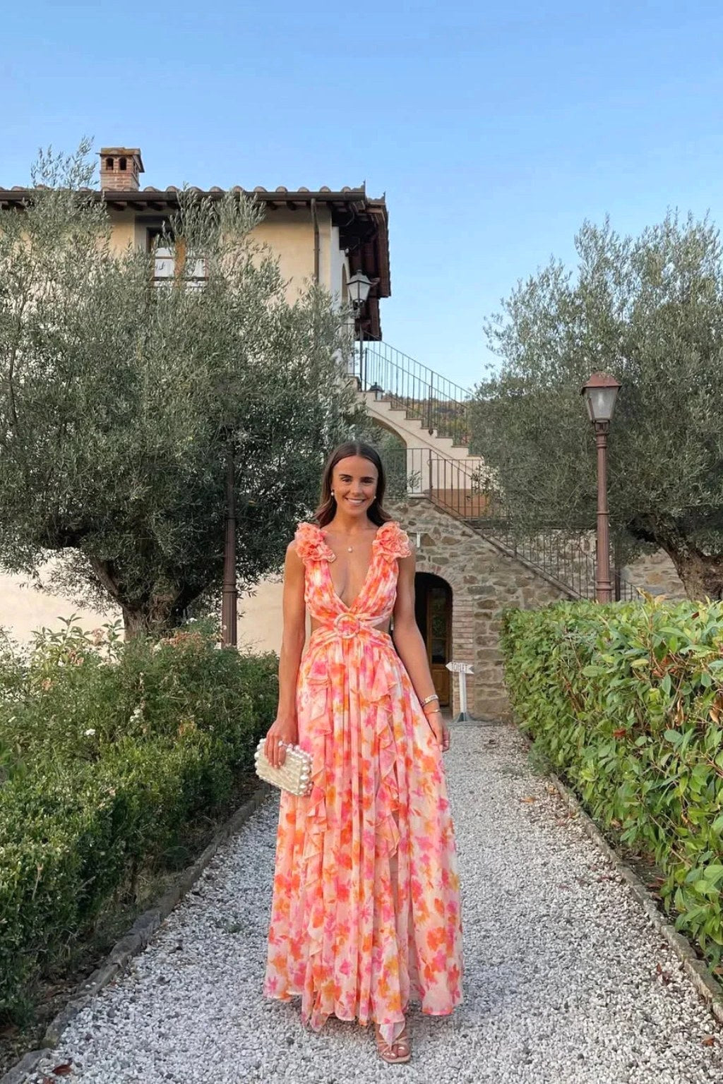 Melinda | Women's Floral Maxi Dress with V-Neck and Ruffled Shoulders, Wedding Guest Dress | Direct Attire