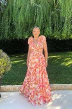 Melinda | Women's Floral Maxi Dress with V-Neck and Ruffled Shoulders, Wedding Guest Dress | Direct Attire