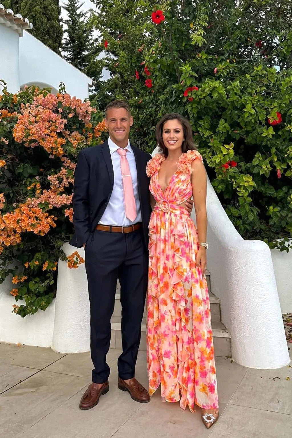 Melinda | Women's Floral Maxi Dress with V-Neck and Ruffled Shoulders, Wedding Guest Dress | Direct Attire