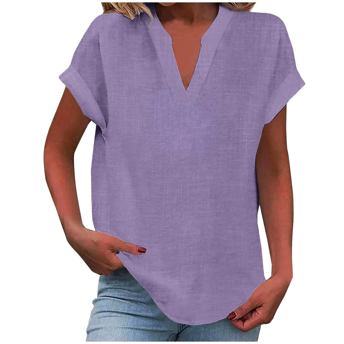 Mikaela | Women's V-Neck Short Sleeve Blouse, Relaxed Fit Blouse | Direct Attire | Light Purple