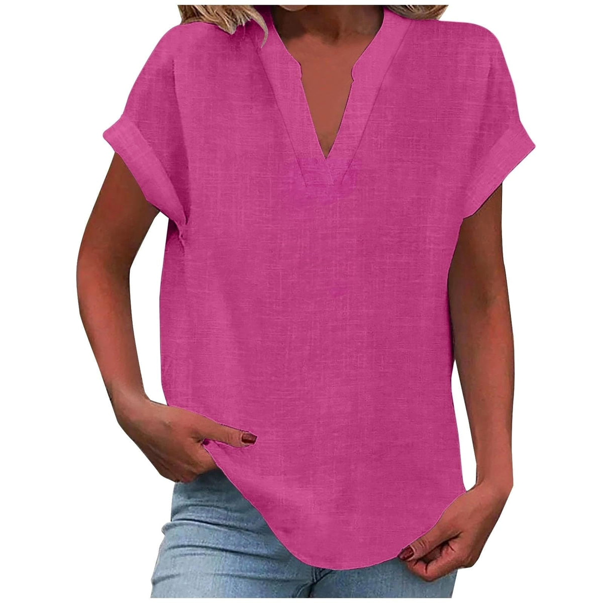 Mikaela | Women's V-Neck Short Sleeve Blouse, Relaxed Fit Blouse | Direct Attire | Bright Pink