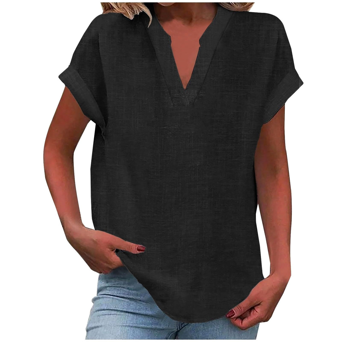 Mikaela | Women's V-Neck Short Sleeve Blouse, Relaxed Fit Blouse | Direct Attire | Black
