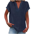Mikaela | Women's V-Neck Short Sleeve Blouse, Relaxed Fit Blouse | Direct Attire | Navy Blue
