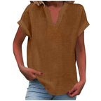 Mikaela | Women's V-Neck Short Sleeve Blouse, Relaxed Fit Blouse | Direct Attire | Army Green
