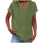 Mikaela | Women's V-Neck Short Sleeve Blouse, Relaxed Fit Blouse | Direct Attire | Brown