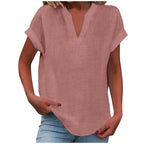 Mikaela | Women's V-Neck Short Sleeve Blouse, Relaxed Fit Blouse | Direct Attire | Pink