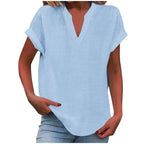 Mikaela | Women's V-Neck Short Sleeve Blouse, Relaxed Fit Blouse | Direct Attire | Sky Blue