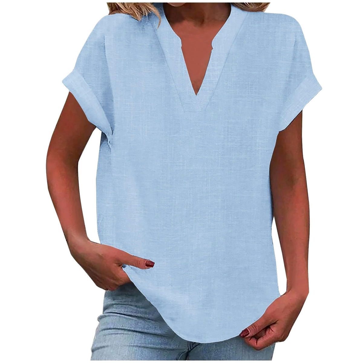 Mikaela | Women's V-Neck Short Sleeve Blouse, Relaxed Fit Blouse | Direct Attire | Sky Blue