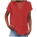 Mikaela | Women's V-Neck Short Sleeve Blouse, Relaxed Fit Blouse | Direct Attire | Red