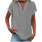 Mikaela | Women's V-Neck Short Sleeve Blouse, Relaxed Fit Blouse | Direct Attire | Light Grey