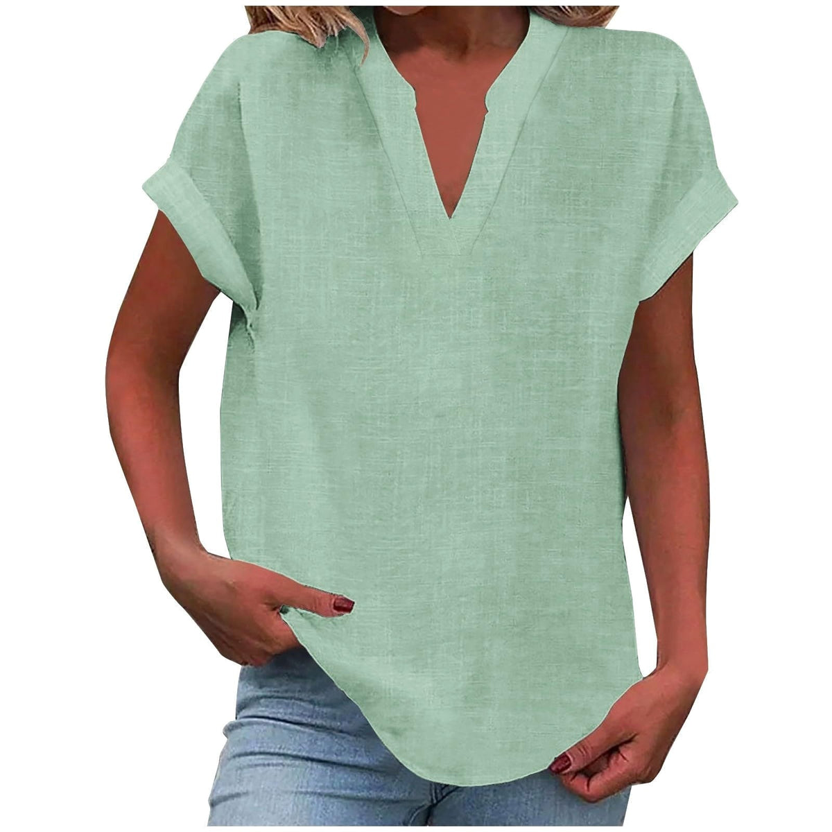 Mikaela | Women's V-Neck Short Sleeve Blouse, Relaxed Fit Blouse | Direct Attire | Light Green