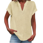 Mikaela | Women's V-Neck Short Sleeve Blouse, Relaxed Fit Blouse | Direct Attire | Beige