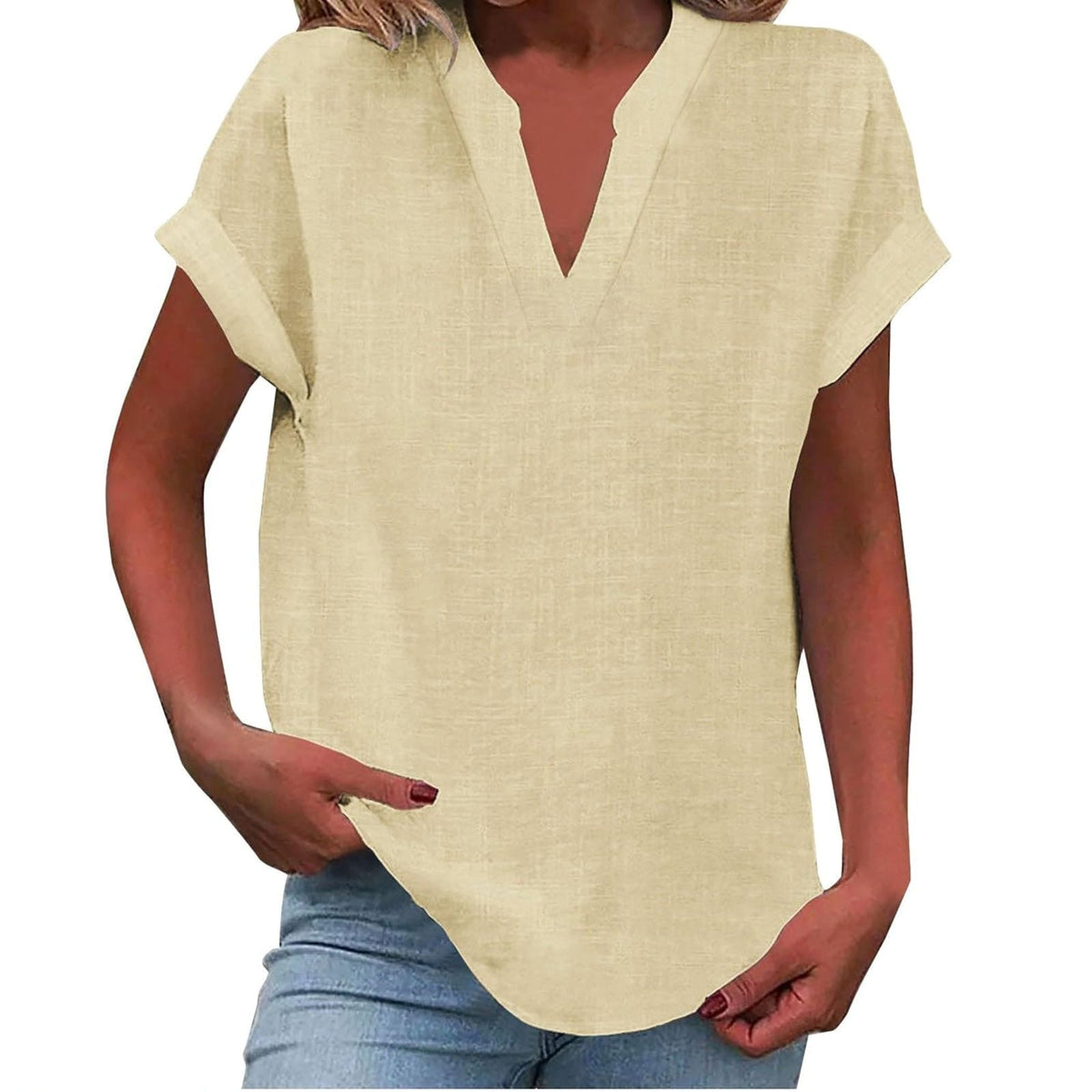 Mikaela | Women's V-Neck Short Sleeve Blouse, Relaxed Fit Blouse | Direct Attire | Beige