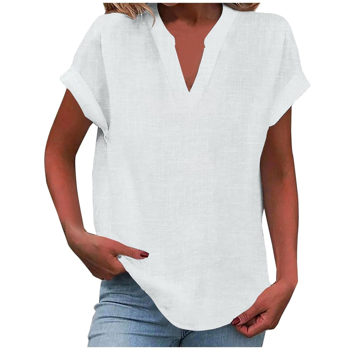 Mikaela | Women's V-Neck Short Sleeve Blouse, Relaxed Fit Blouse | Direct Attire | White