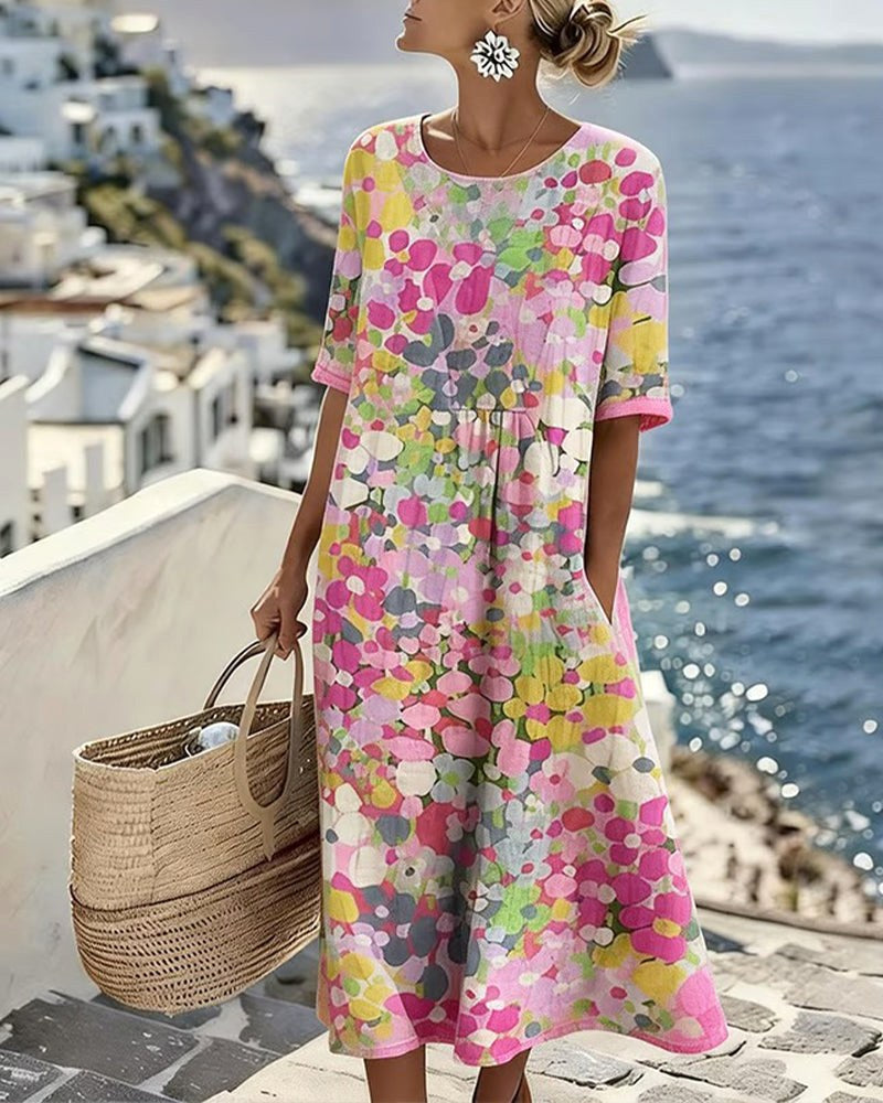 Mikayla | Women's Cotton-Linen Midi Dress, Abstract Floral Print Midi Dress | Direct Attire