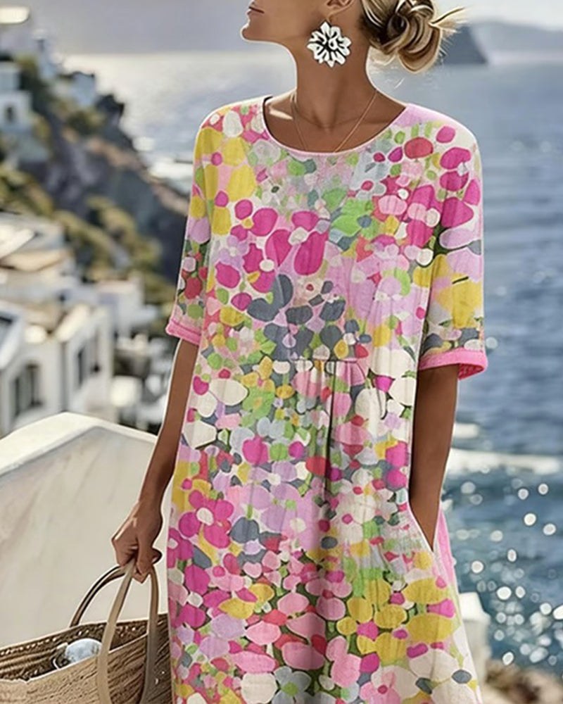 Mikayla | Women's Cotton-Linen Midi Dress, Abstract Floral Print Midi Dress | Direct Attire